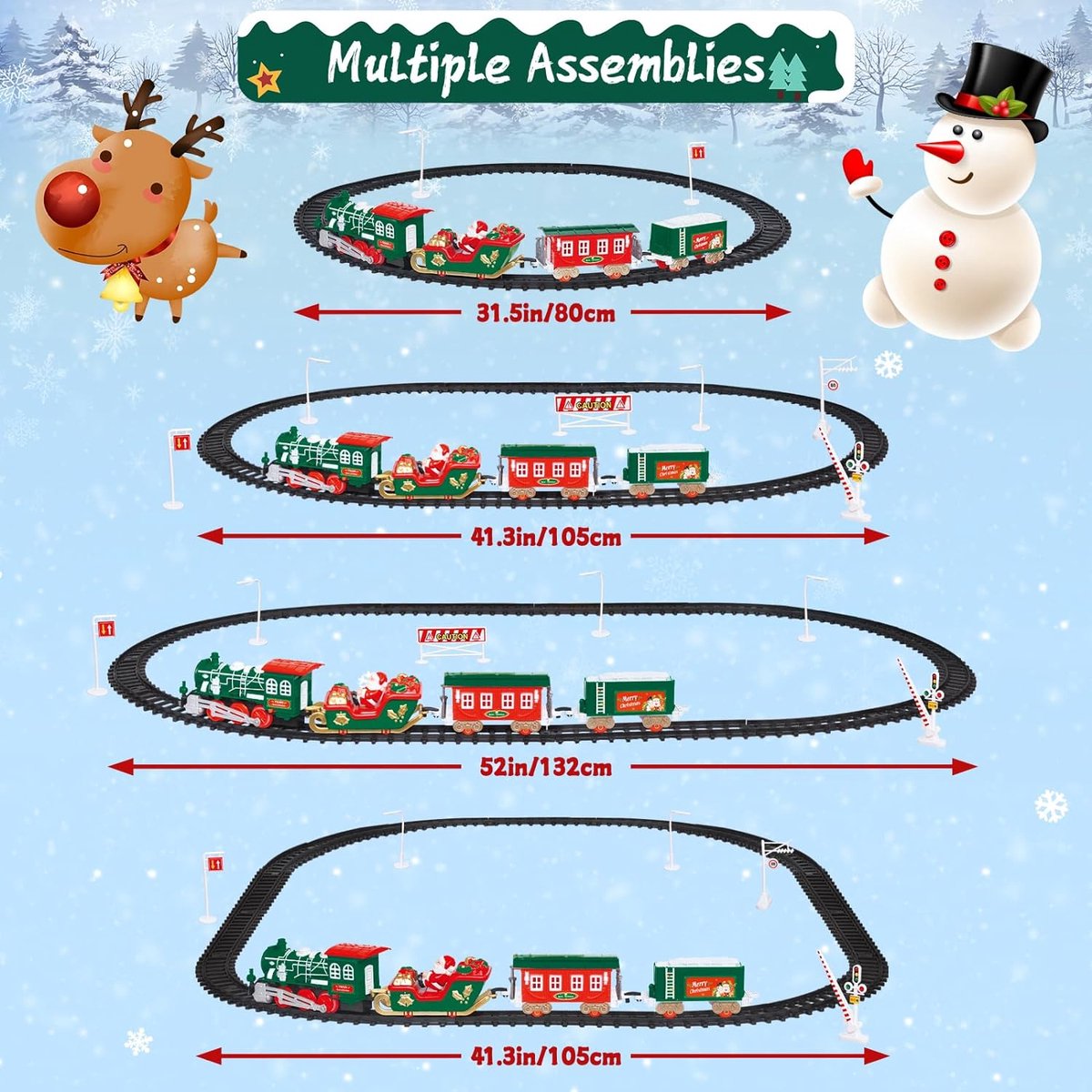 THE TWIDDLERS Train de Noël, 15 pièces, 130 x 70 cm, chemin de fer, LED, alimenté par batterie, décoration de Noël pour sapin de Noël, fenêtre et chambre d'enfant