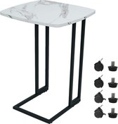 Bijzettafel C-vormige banktafel met wielen, salontafel van wit marmer textuur MDF, salontafel met metalen frame, woonkamertafel voor koffie, laptop, balkon, 40 x 40 x 61 cm (L x B x H)