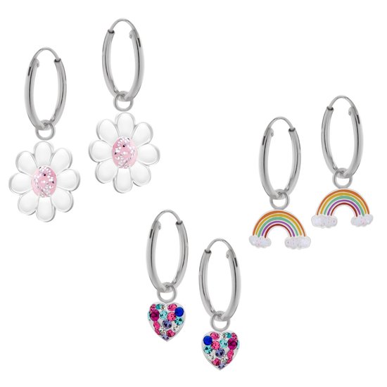 Set de boucles d'oreilles en argent avec pendentif, marguerite, arc-en-ciel et coeur avec cristaux