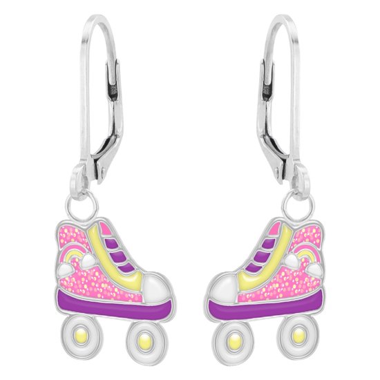 Zilveren oorbellen meisje | Oorbellen kind | Zilveren oorhangers, rolschaats in pastelkleuren met regenboog en glitters
