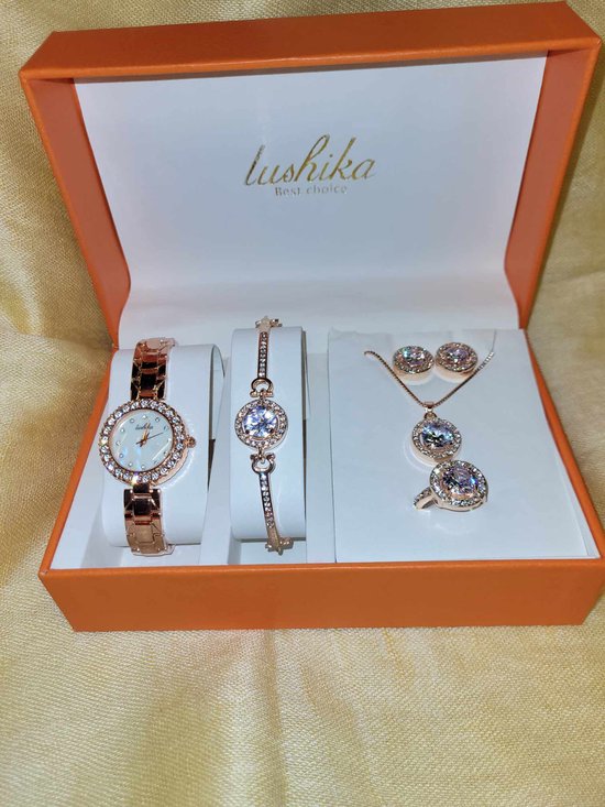 Horlogebox voor dames - geschenkdoos - cadeau set met horloge - oorbellen - ketting - ring - armband - moederdag cadeautje valentijn cadeautje voor haar - rosegoud
