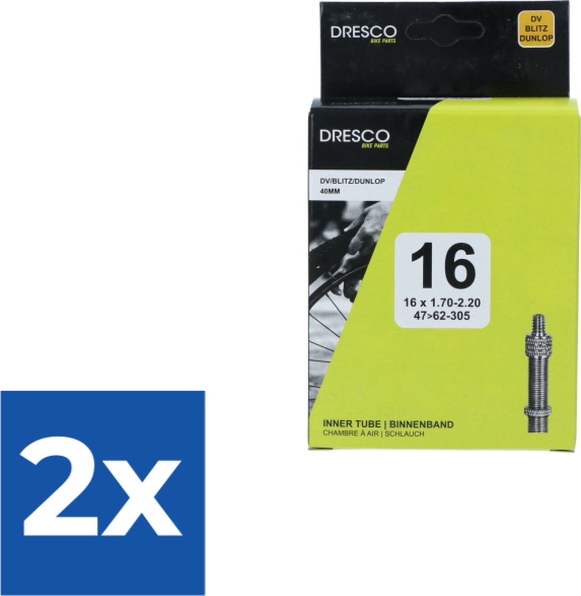 Dresco Binnenband 16 x1.75-2.50 (47/62-305) Dunlop 40mm - Voordeelverpakking 2 stuks