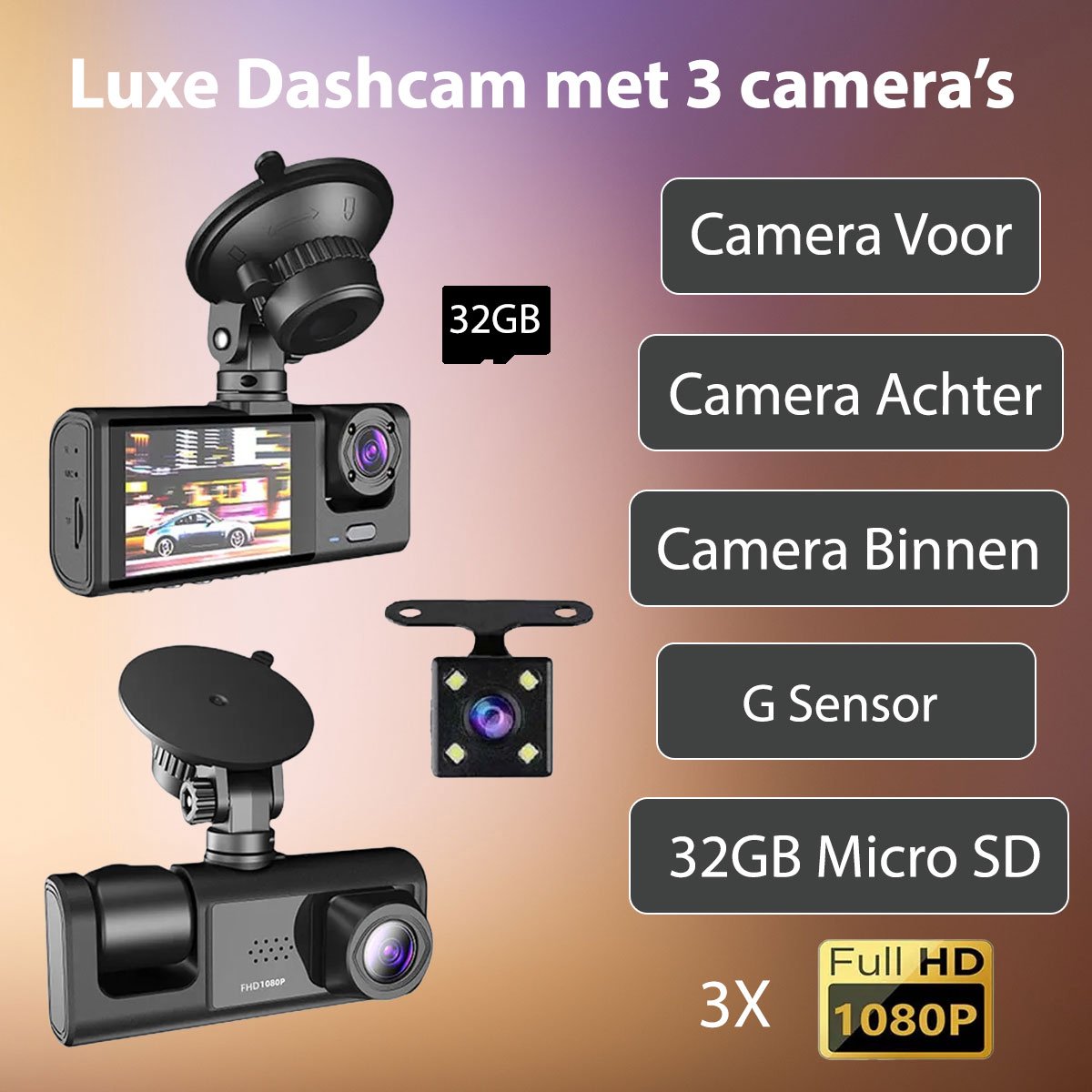Full HD Dashcam Dual Camera - Voor, Achter & Binnen - Nachtvisie - Inclusief 32GB SD-kaart - Compact, Plug & Play
