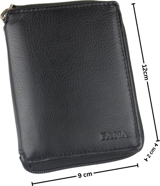 Zwarte, leren portemonnee van Fana Bags, 12x9cm, met ritssluiting rondom.
