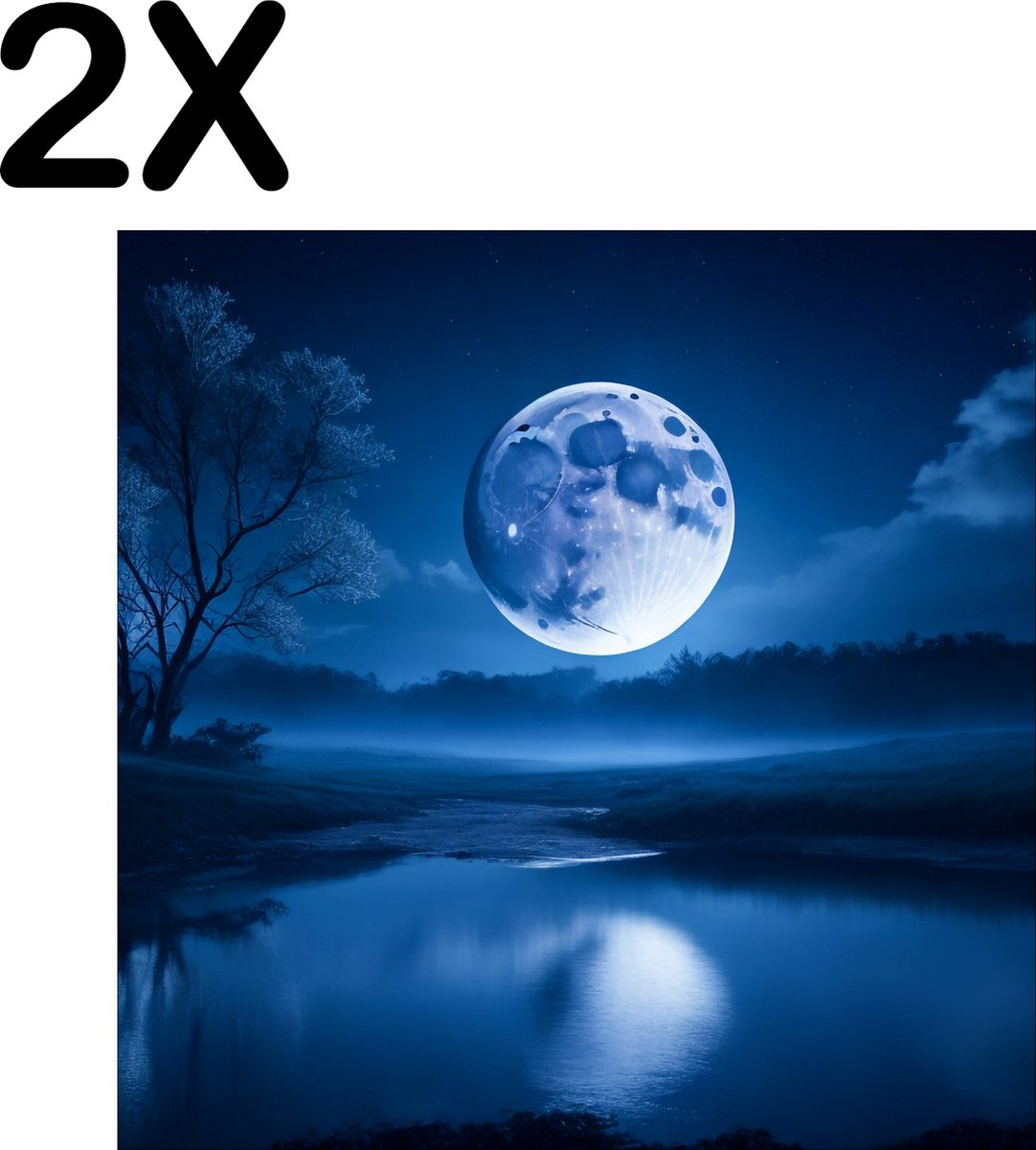 BWK Textiele Placemat - Grote Volle Maan met Blauw Licht over Water - Set van 2 Placemats - 40x40 cm - Polyester Stof - Afneembaar