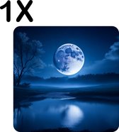 BWK Luxe Placemat - Grote Volle Maan met Blauw Licht over Water - Set van 1 Placemats - 50x50 cm - 2 mm dik Vinyl - Anti Slip - Afneembaar