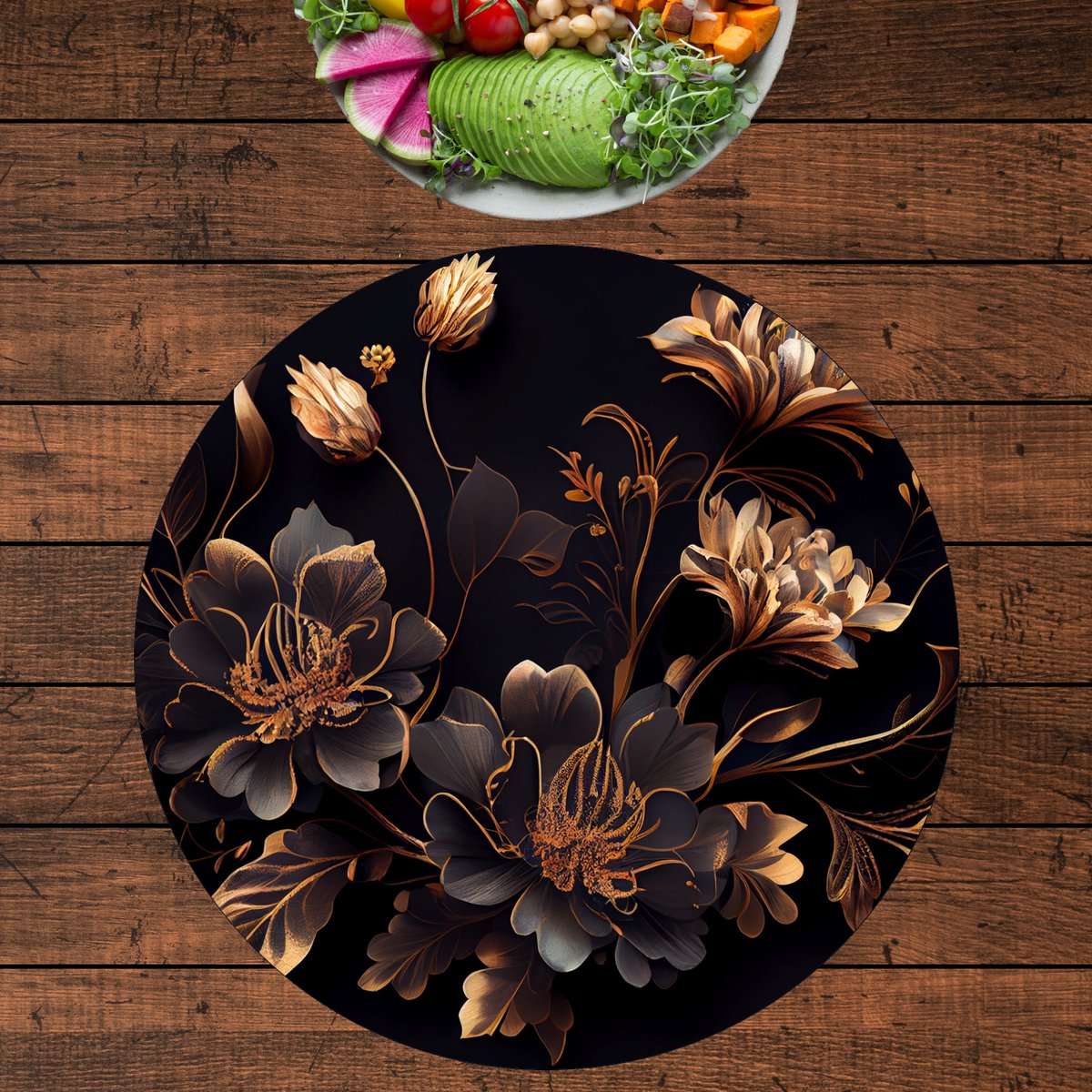 Luxe Ronde Placemat - Goud met Zwarte Bloemen Kunst - Set van 8 Placemats - 40x40 cm - 2 mm dik Vinyl - Anti Slip - Afneembaar — cadeau in Wonen & Interieur - foto 5