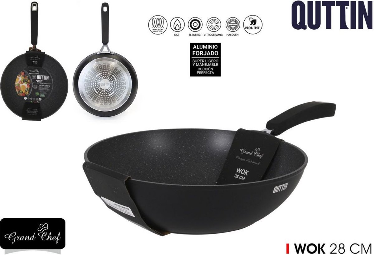 Quttin Grand Chef WOKpan 24cm + houten lepel om de anti aanbaklaag te beschermen pfoa vrij geschikt voor inductie gas electrisch keramisch en halogeen