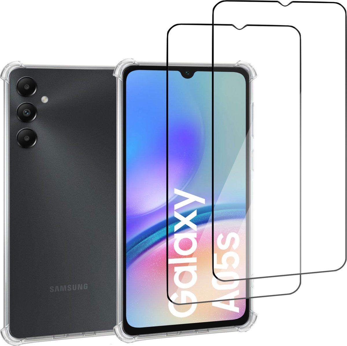 Geschikt voor Samsung Galaxy A05s - Hoesje + 2x Screenprotector – Full Cover Gehard Glas + Shock Proof Case – Transparant