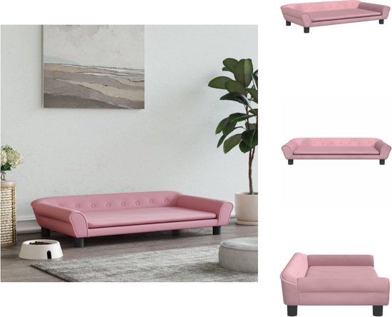 Collage de quatre images d'un canapé pour chien en velours rose dans un salon.