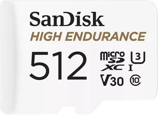 SanDisk microSDXC-kaart "HIGH ENDURANCE 512". De kaart is wit met zwarte tekst.
