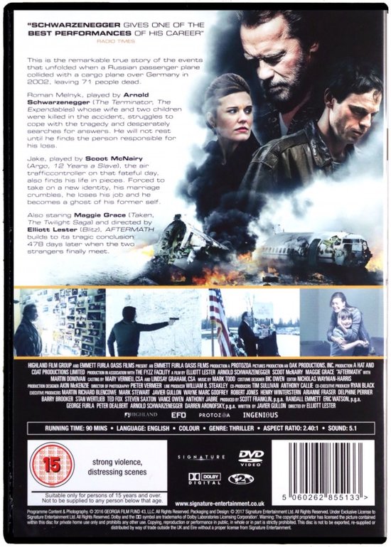 Achterkant van de dvd-hoes van 'Aftermath', met Arnold Schwarzenegger en een neergestort vliegtuig.