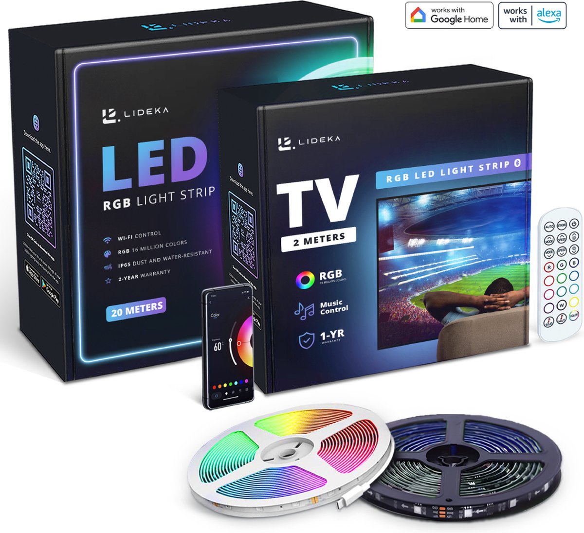Lideka® - Smart LED Strip - 20 Meter (2x10) + TV strip 2M - RGB - Verlichting - met Afstandsbediening - Light Strips - Licht Strip - Led Verlichting