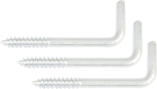 Drie zilverkleurige schroefhaken, elk met een scherpe punt en schroefdraad.