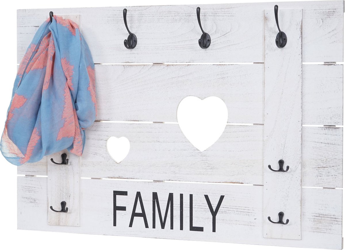 Cosmo Casa Wandkapstok - Familie - Kapstokpaneel - Vintage shabby uitstraling - 8 haken 60x90cm - wit - Shabby