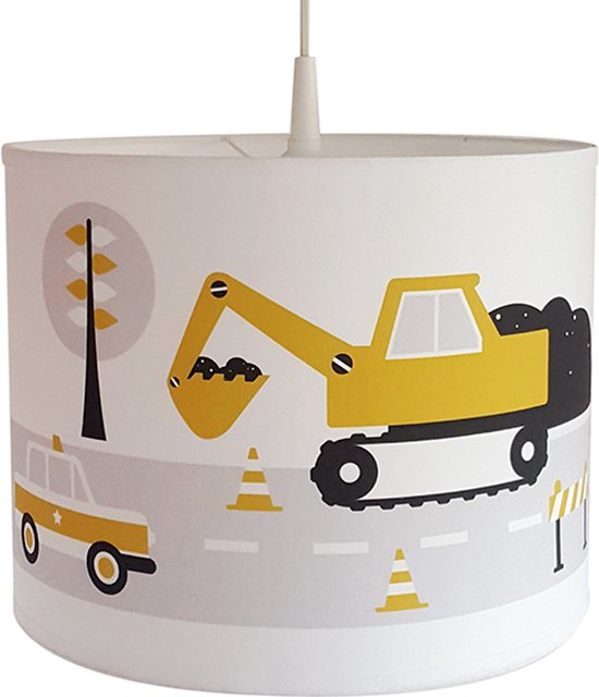 Hanglamp Voertuigen Graafmachine Auto oker geel jongenskamer Verlichting diameter 30cm met pendel voor kinderkamer