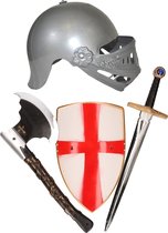 Carnaval Verkleed set - Ridder helm met wapens - voor kinderen - grijs/rood - Middeleeuwen/krijgers