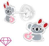 Joie|S - Boucles d'oreilles koala argentées - gris avec coeur rose et noeud rouge - boucles d'oreilles pour enfants - fermeture extra douce (fermoir papillon avec boîtier en silicone)
