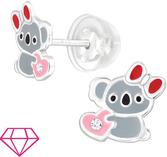 Joy|S - Zilveren koala oorbellen - grijs met roze hartje en rood strikje - kinderoorbellen - extra zacht sluiting (vlindersluiting met siliconen omhulsel)