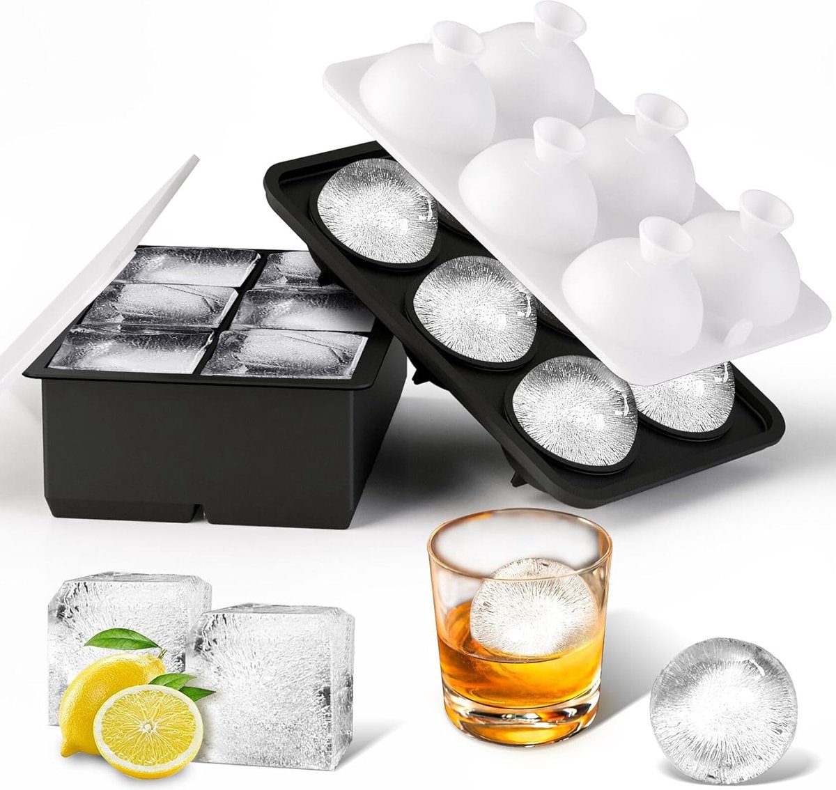 Lot De 2 Moules à Glaçons Silicone Avec Couvercle - Glaçons Ronds Et Carrés 5 Cm - Sans BPA, Passe Lave-Vaisselle - 7