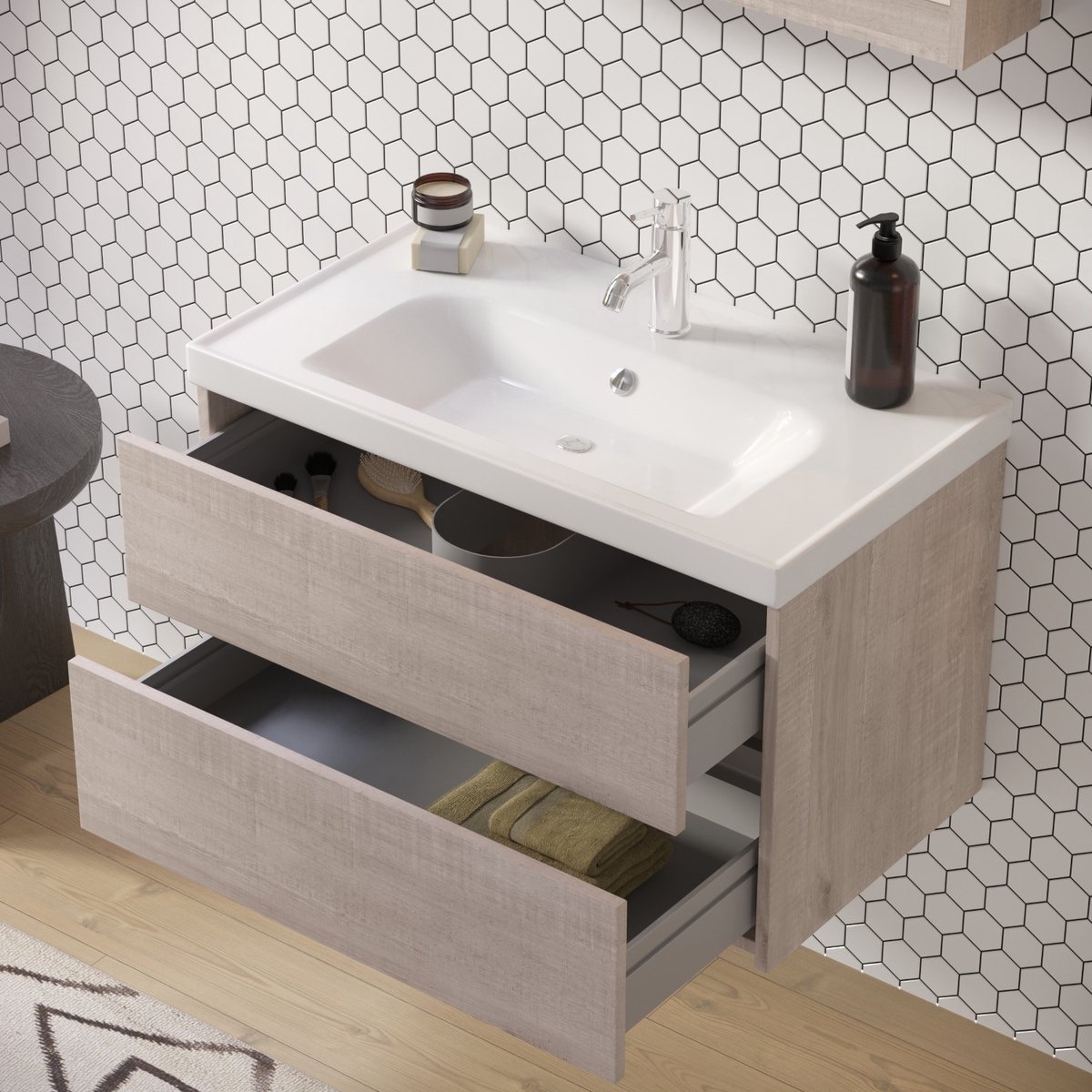 Jena Badkamermeubel Set 80 cm Lissabon– Modern Greeploos, Softclose, Incl. Keramische Wastafel