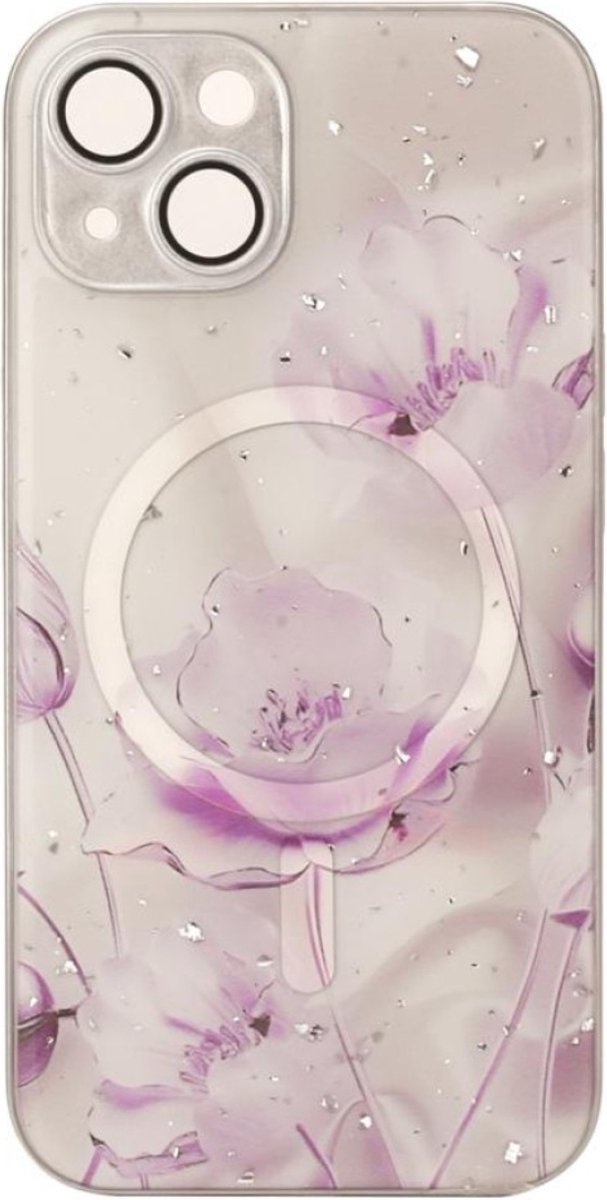 Apple iPhone 15 Plus Hoesje Bloem Lila Marmer, Met Lensbeschermer - Magsafe - Magneet Case Met Ring en camera cover
