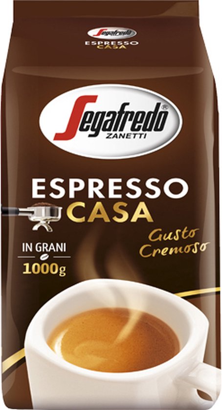 Bruine verpakking Segafredo Espresso Casa koffiebonen, 1000g. Met afbeelding van een kopje espresso.