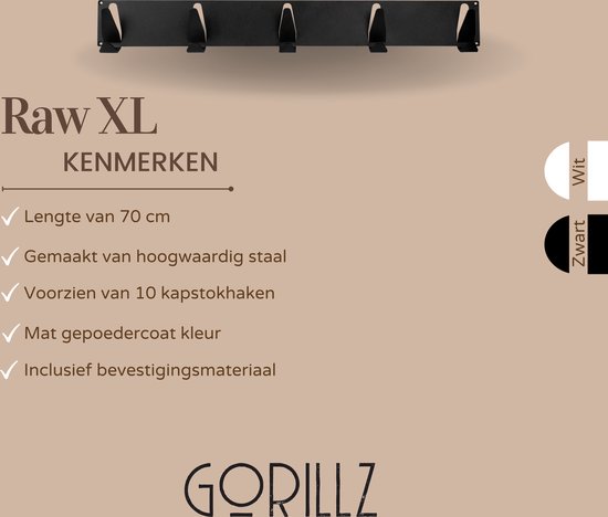 Zwarte wandkapstok van Gorillz met tien haken en een lengte van 70 cm.