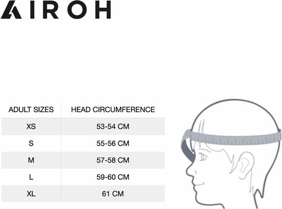 Tableau des tailles pour casques Airoh avec mesures de la circonférence de la tête.