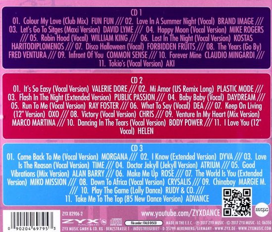 Achterkant van de CD-hoes met tracklijsten voor CD1, CD2 en CD3, QR-code en productiedetails.