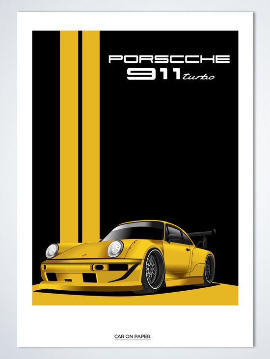 Porsche 911 Turbo Geel op Poster - 50 x 70cm - Auto Poster Kinderkamer / Slaapkamer / Kantoor
