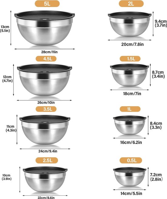 7 PCS Golden Mixing Bowls With Lids Set - Stainless Steel Salad Bowls Airtight Lids Mirror Finish Nested Mixing Bowl 7 Sizes 1 5 Qt 6 9 Qt Baking Meal Prep