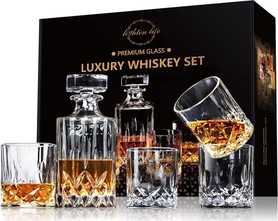 Foto: 5 delige whisky karafset loodvrije whisky karafset met 4 glazen in geschenkdoos kristallen bourbon karafset schotse karafset met glazen whisky karafset voor mannen