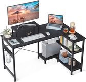 L-vormig bureau, hoekbureau met rek, omkeerbaar, computertafel, L-vorm met monitorstandaard, gaming-tafel, L-vorm met boekenkast, kantoortafel voor thuiskantoor (zwart, 120 x 80 x 75 cm)