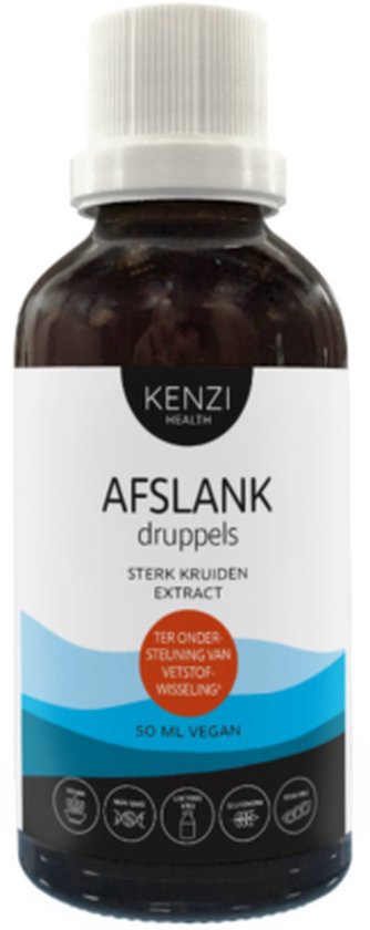 Flesje Kenzi Health Afslankdruppels met witte dop. Etiket met blauwe en witte golven, en tekst 'Afslank druppels'.