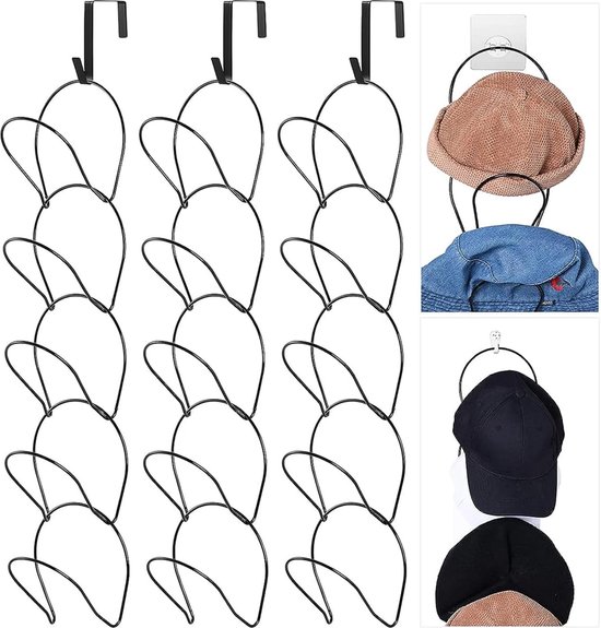 Porte-casquettes 15 pièces, support de chapeau, métal noir, rangement de casquette suspendu pour chapeaux, écharpes, perruques, sacs à main (avec 6 crochets)