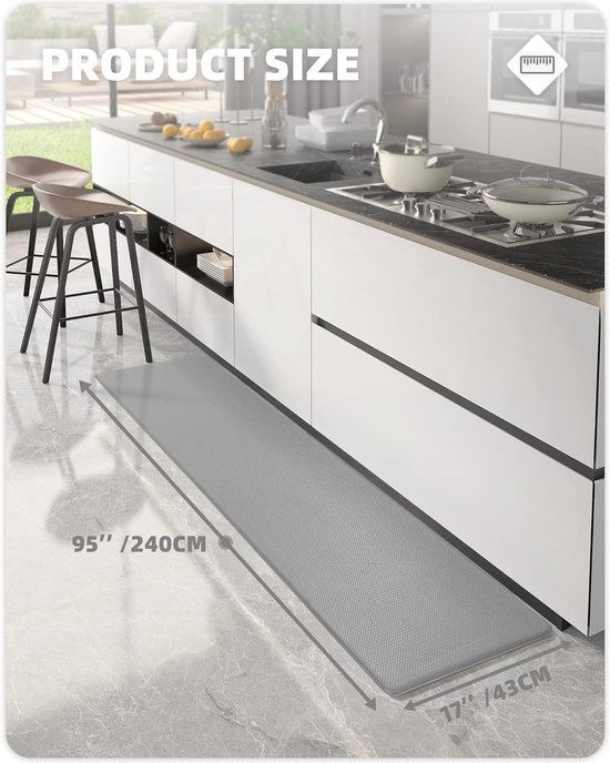 Keukenmat 44 x 240 cm, Veerkrachtig Leder Keukenmat Anti slip Wasbaar, Comfortabele Keukenmat Waterdicht voor Keuken, Woonkamer, Kantoor (Grijis)