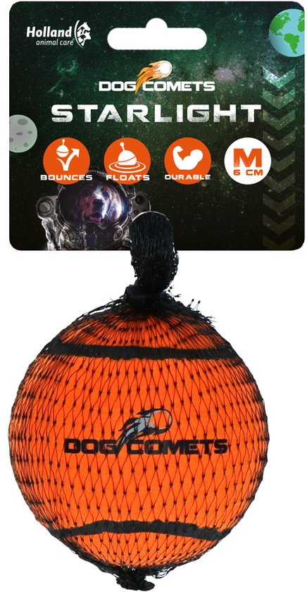 Oranje Dog Comets Starlight bal met zwarte strepen, maat M (6 cm), in een netje.