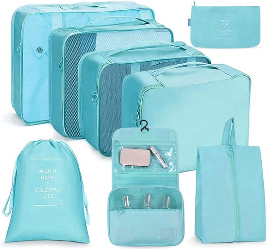 Kofferorganizerset, 8 stuks, verpakkingsblokjes, waterdichte reiskledingzakken, inpakzakken voor koffer, kofferorganizer, reistas met make-uptas, schoenentas, USB-kabeltas (lichtblauw)