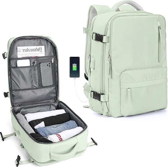 Foto: Handbagage reistas voor vrouwen en mannen laptoptas flightbag en rugzak met cabin size laptopvak usb oplaadpoort en schoenencompartiment