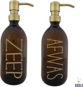Hervulbare Zeepdispenser | Zeeppompje | Giftset "Zeep & Afwas" | Glas | 500ml | Goud | Bruine Fles | Gouden RVS Pomp | Kado | Kadoset
