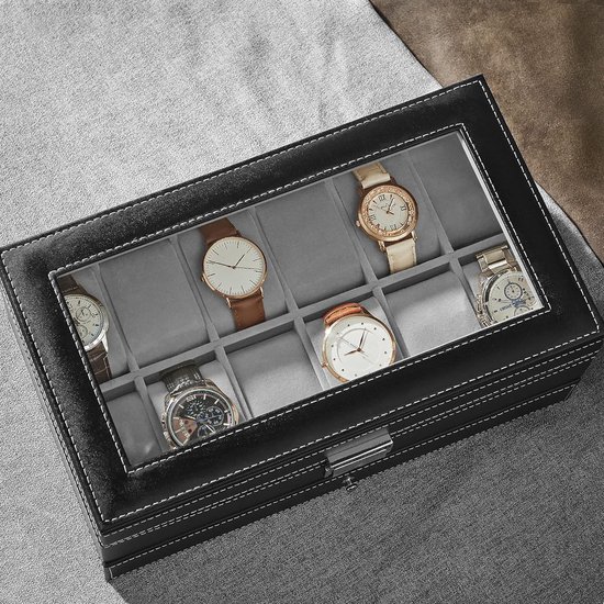 Luxe 12-vaks Horlogebox - Horlogedoos voor dames en heren - Sierendoos - Juwelendoos - Horlogebox met lade - Horlogekist - Sieradenkist - Zwart Grijs