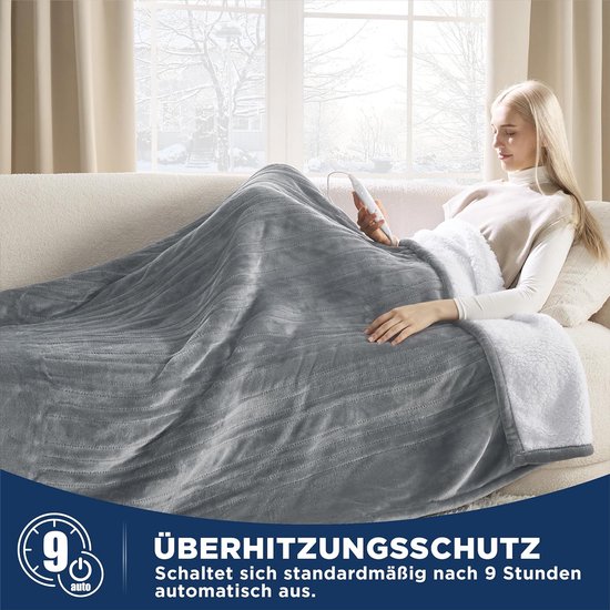 Elektrische deken klein met automatische uitschakeling, elektrische warmtedeken, 130 x 180 cm, snelle opwarming, 8 warmtestanden, 9 tijdinstellingen, zachte flanellen knuffeldeken voor bed en