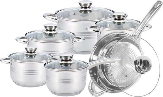Swiss Pro+ Pannenset - 12 delig - RVS - Roestvrijstalen Kookgerei 18/10 - Alle warmtebronnen - 12:50