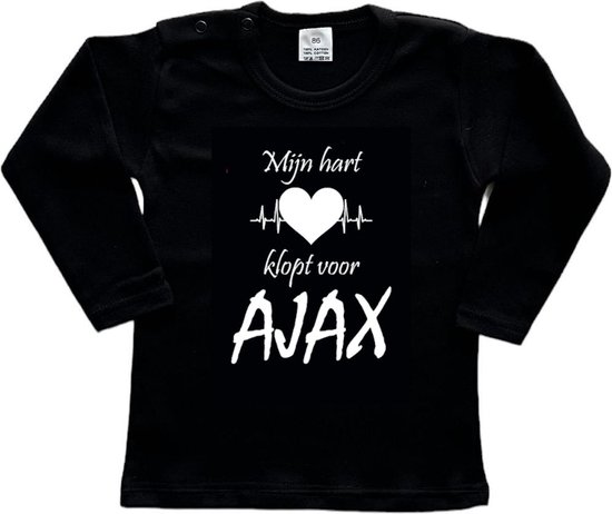 Amsterdam Kinder t-shirt Lange Mouw | "Mijn hart klopt voor AJAX | Verjaardagkado | verjaardag kado | grappig | jarig | Amsterdam | AJAX | cadeau | Cadeau | Zwart/wit | Maat 74