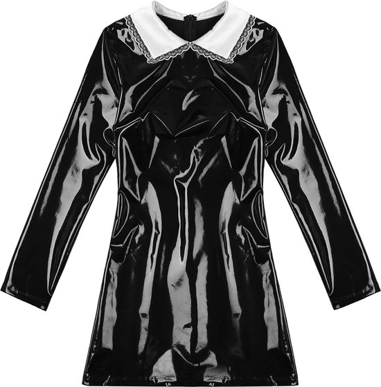Mini robe en cuir érotique - Avec col satiné - Robe sexy - Cuir verni - Cuir PU - Vêtements pour femmes - Manches longues - Bonne qualité