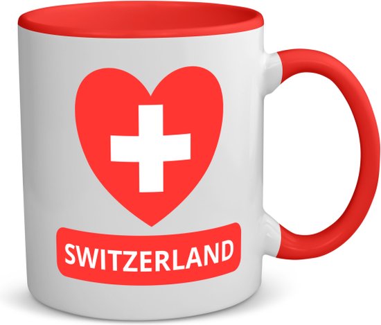 Akyol - switzerland vlag hartje koffiemok - theemok - rood - Zwitserland - reizigers - toerist - verjaardagscadeau - souvenir - vakantie - 350 ML inhoud