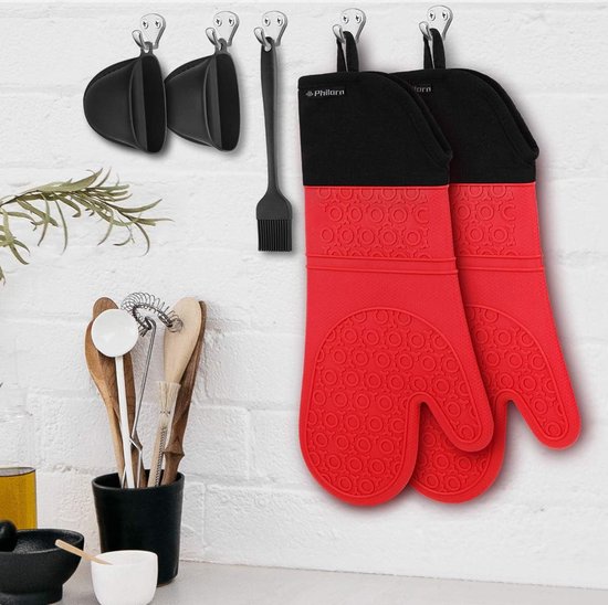 GEEKHOM Siliconen ovenhandschoenen, hittebestendige siliconen ovenwanten, barbecuehandschoenen, waterdichte keukenhandschoenen voor barbecue, grillen, Weber magnetron, antislip ovenhandschoenen met
