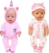 Set van 2 outfits voor babypoppen - Geschikt voor Baby Born - Eenhoorn onesie & Flamingo kledingset - 2 onesies, 2 paar slofjes, 1 muts