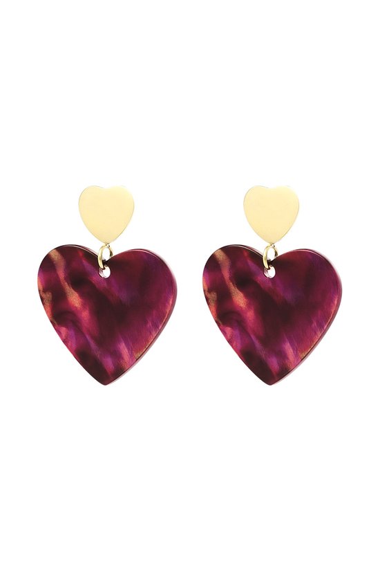 Oorbellen - dubbel hart - goud/rood - sheet material - yehwang